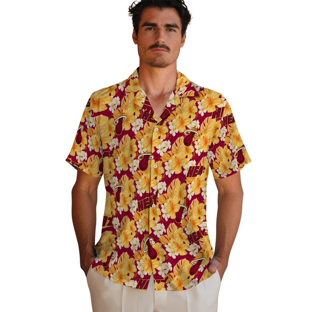 Miami Heat Hawaiian Shirt - Hibiscus Tropics miami heat hibiscus tropics red yellow hawaiian shirts fashion forward