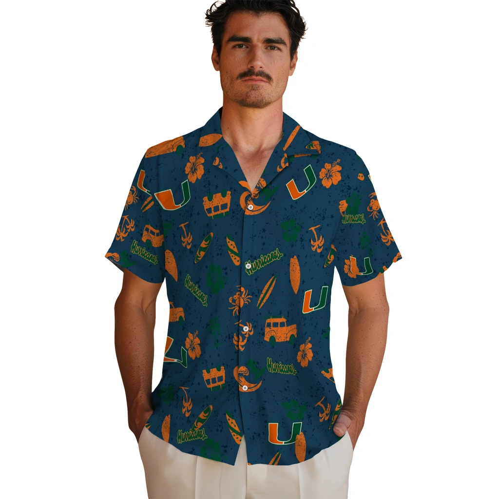 Miami Hurricanes Hawaiian Shirt - Beach Vibe miami hurricanes beach vibe navy hawaiian shirts fashion forward