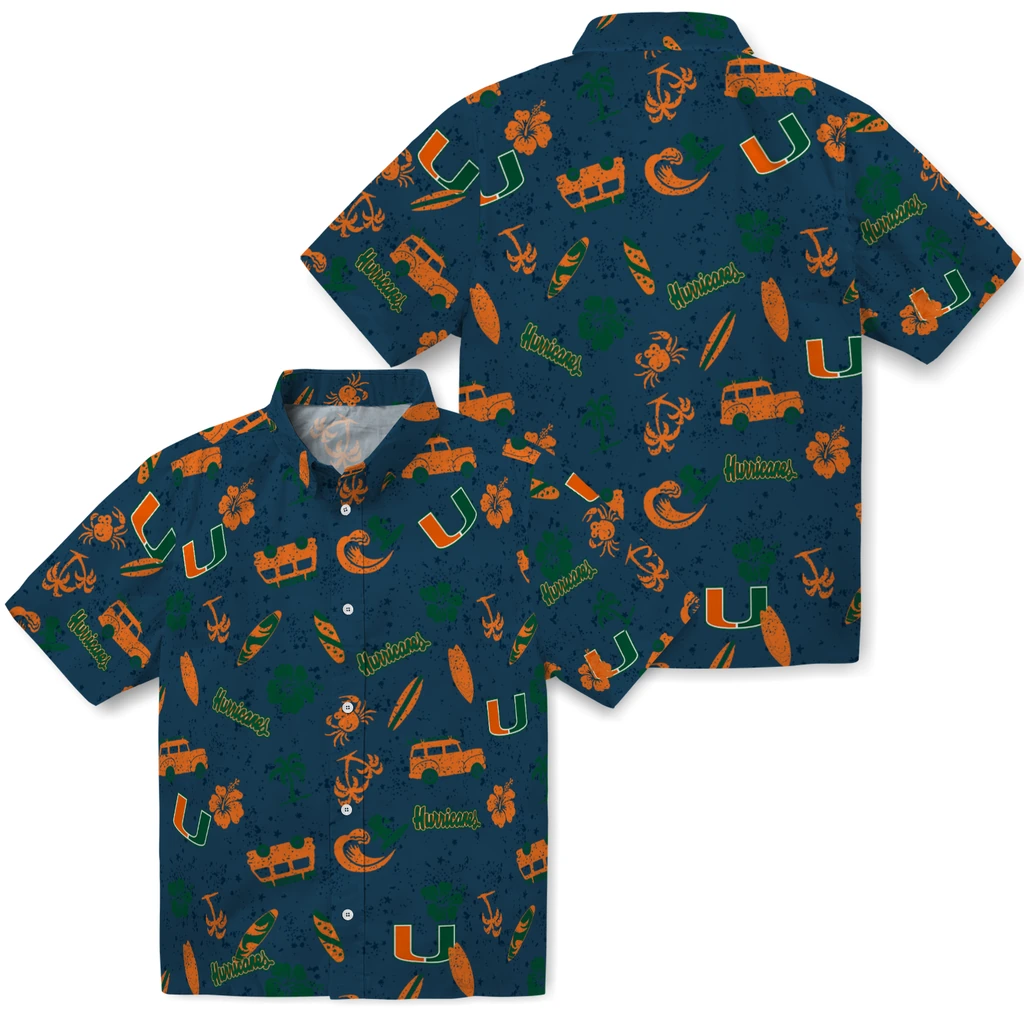 Miami Hurricanes Hawaiian Shirt - Beach Vibe miami hurricanes beach vibe navy hawaiian shirts high quality