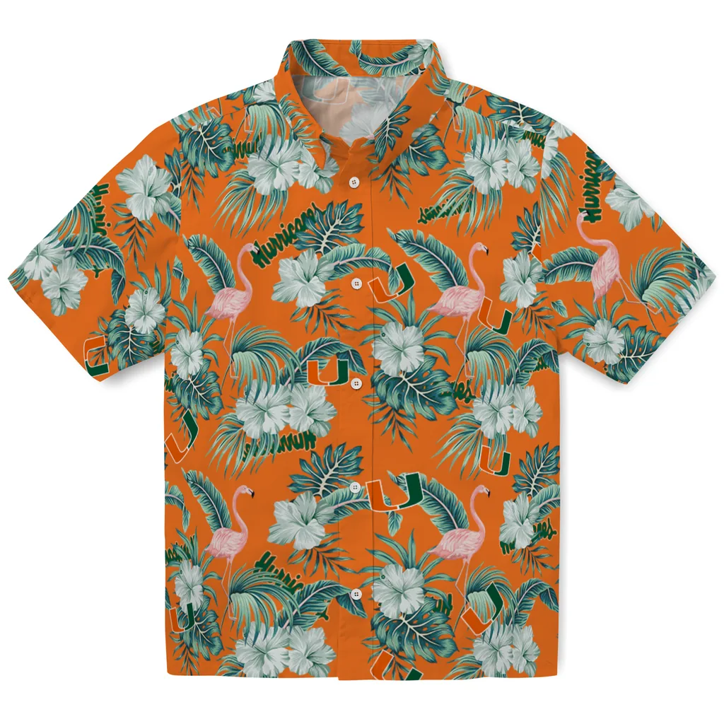 Miami Hurricanes Hawaiian Shirt - Flamingo and Hibiscus miami hurricanes flamingo palms orange hawaiian shirts best selling