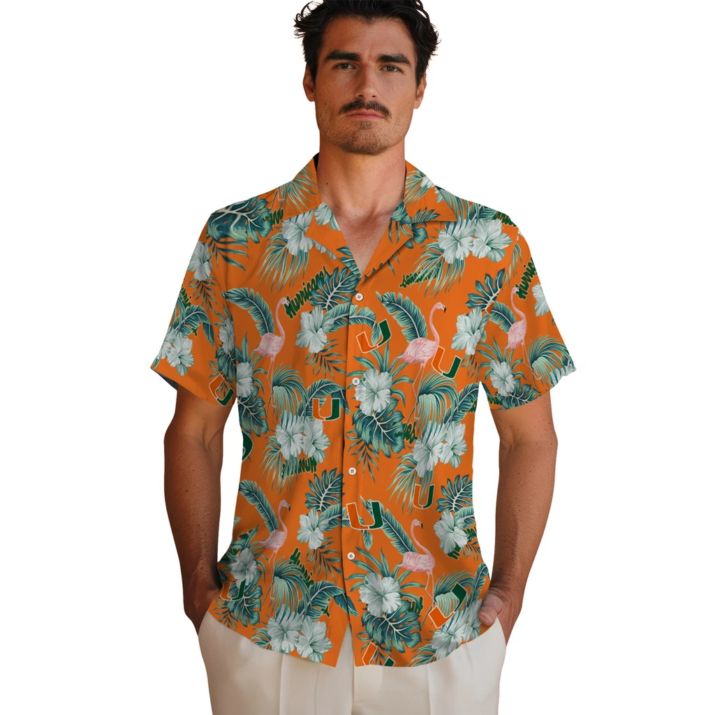 Miami Hurricanes Hawaiian Shirt - Flamingo and Hibiscus miami hurricanes flamingo palms orange hawaiian shirts fashion forward