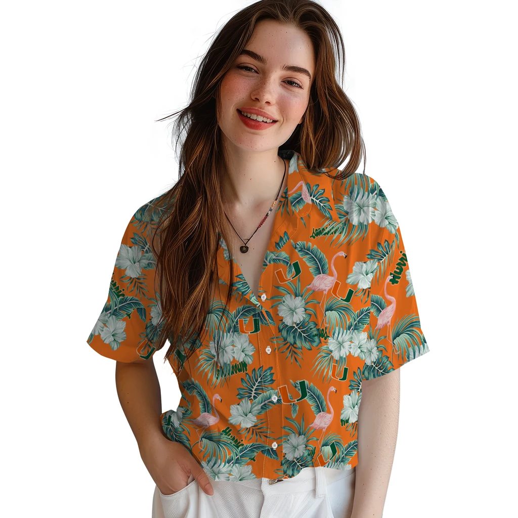 Miami Hurricanes Hawaiian Shirt - Flamingo and Hibiscus miami hurricanes flamingo palms orange hawaiian shirts latest model
