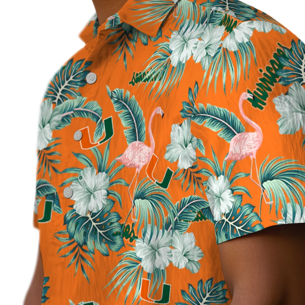 Miami Hurricanes Hawaiian Shirt - Flamingo and Hibiscus miami hurricanes flamingo palms orange hawaiian shirts trendy