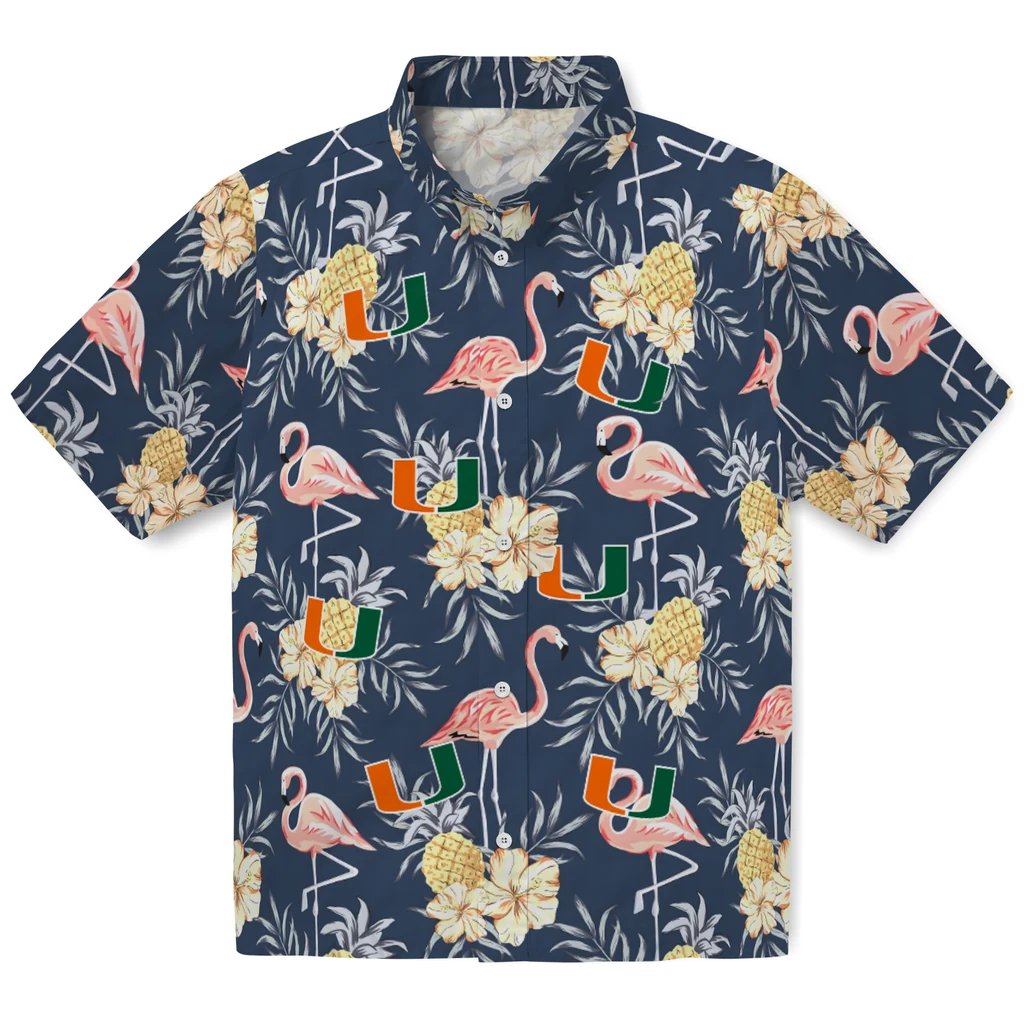 Miami Hurricanes Hawaiian Shirt - Flamingo Hibiscus miami hurricanes flamingo hibiscus navy hawaiian shirts best selling