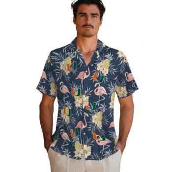 miami hurricanes flamingo hibiscus navy hawaiian shirts fashion forward