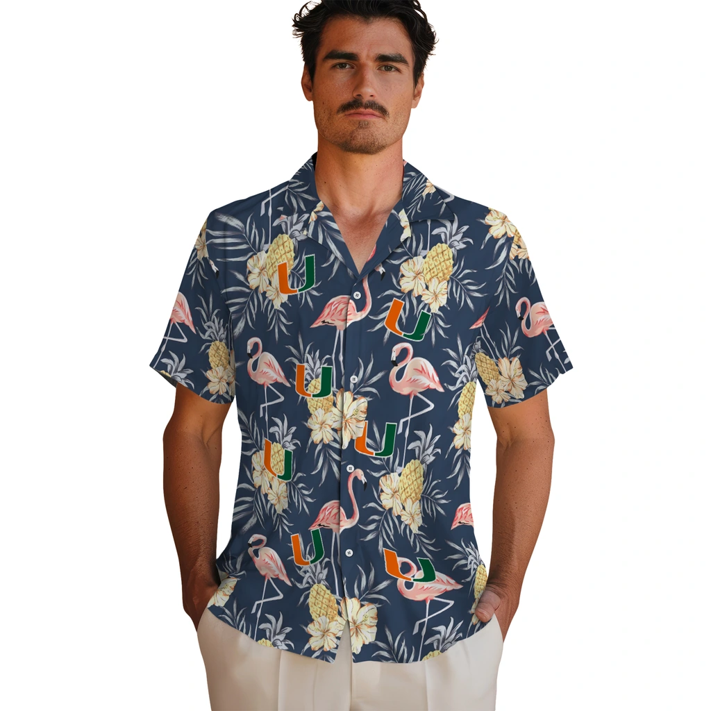 Miami Hurricanes Hawaiian Shirt - Flamingo Hibiscus miami hurricanes flamingo hibiscus navy hawaiian shirts fashion forward