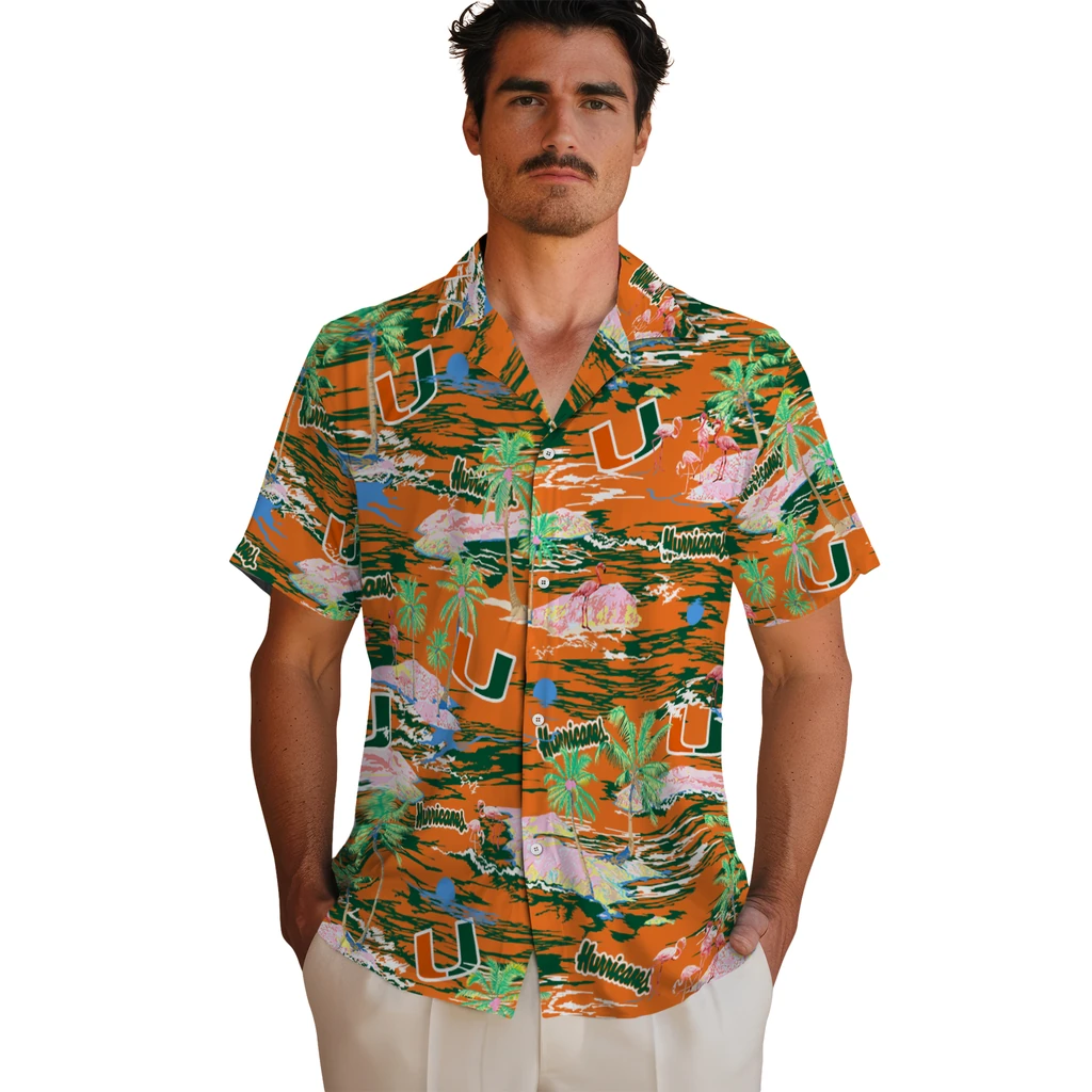 Miami Hurricanes Hawaiian Shirt - Hawaii Island miami hurricanes flamingo retreat orange hawaiian shirts fashion forward