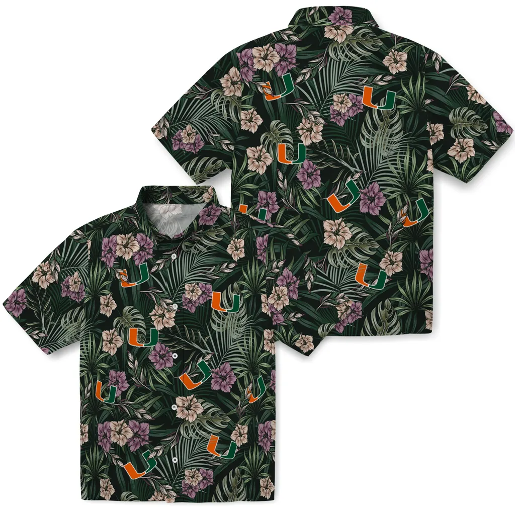 Miami Hurricanes Hawaiian Shirt - Hibiscus Leaves Pattern miami hurricanes hibiscus leaves pattern green hawaiian shirts high quality
