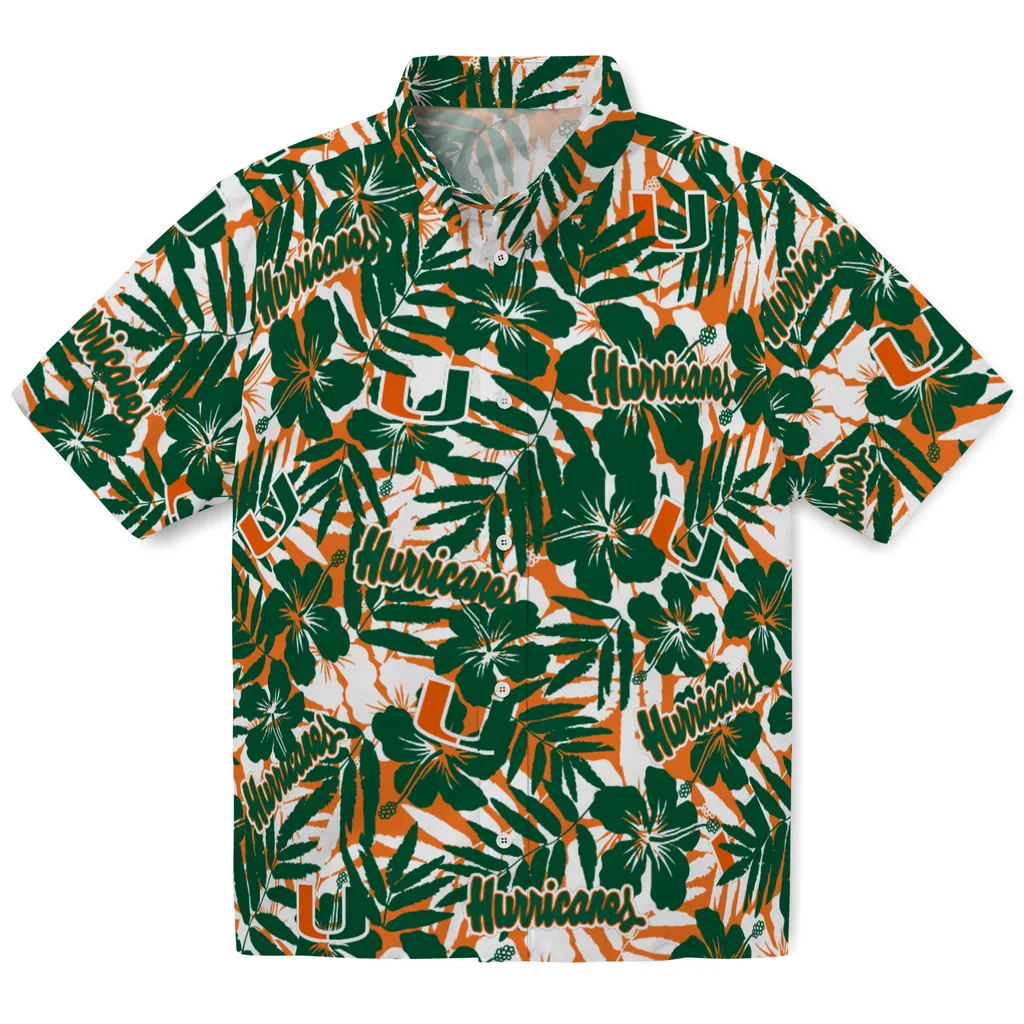 Miami Hurricanes Hawaiian Shirt - Hibiscus Overlay miami hurricanes hibiscus overlay hawaiian shirts best selling