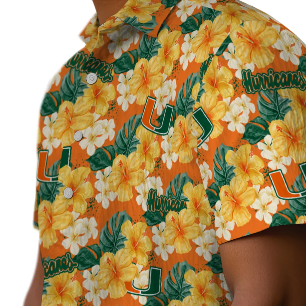 Miami Hurricanes Hawaiian Shirt - Hibiscus Tropics miami hurricanes hibiscus tropics orange yellow hawaiian shirts trendy