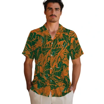 miami hurricanes monstera layer orange hawaiian shirts fashion forward