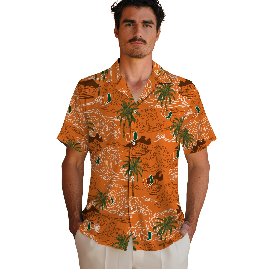 Miami Hurricanes Hawaiian Shirt - Wave Palm miami hurricanes wave palm orange hawaiian shirts fashion forward