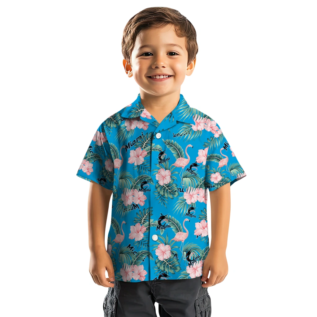 Miami Marlins Hawaiian Shirt - Flamingo and Hibiscus miami marlins flamingo palms blue hawaiian shirts top rated
