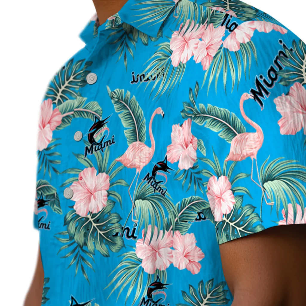 Miami Marlins Hawaiian Shirt - Flamingo and Hibiscus miami marlins flamingo palms blue hawaiian shirts trendy