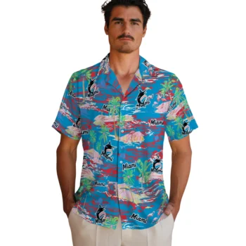miami marlins flamingo retreat blue hawaiian shirts fashion forward