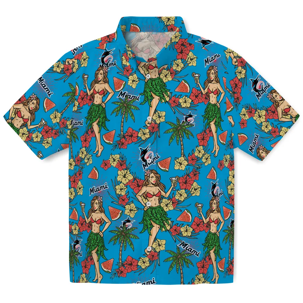 Miami Marlins Hawaiian Shirt - Hawaiian Girls Design miami marlins hawaiian girls design blue hawaiian shirts best selling