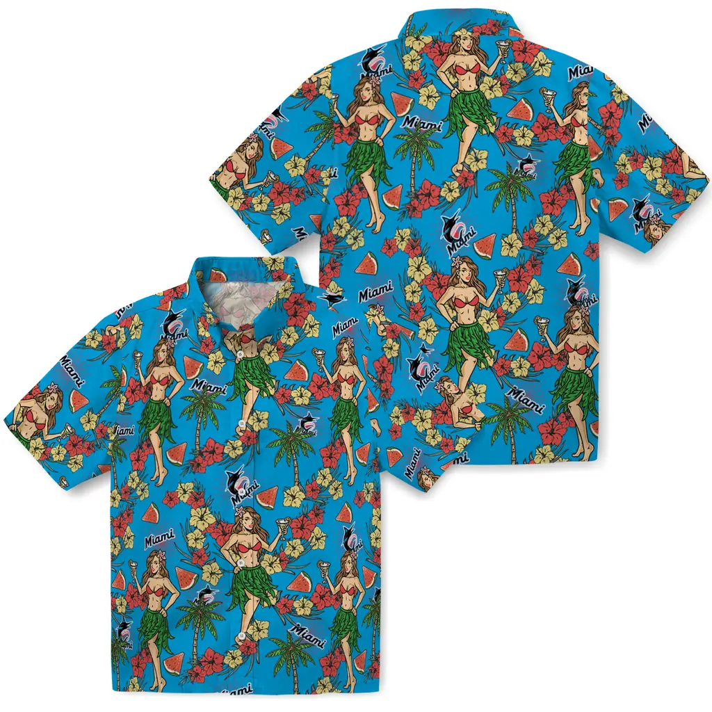 Miami Marlins Hawaiian Shirt - Hawaiian Girls Design miami marlins hawaiian girls design blue hawaiian shirts high quality