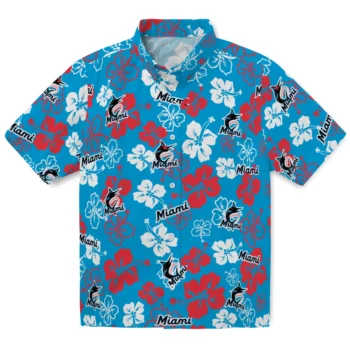 miami marlins hibiscus bloom blue hawaiian shirts best selling