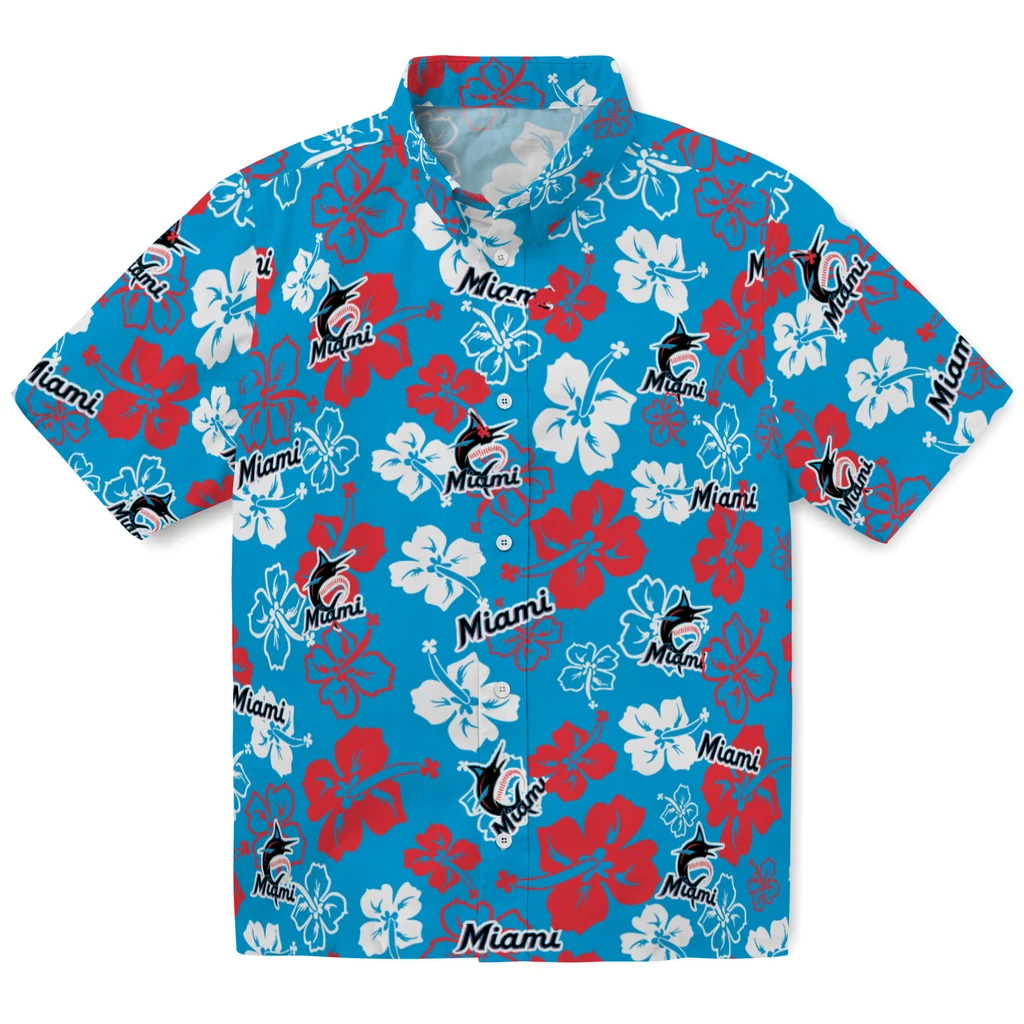 Miami Marlins Hawaiian Shirt - Hibiscus Flower Design miami marlins hibiscus bloom blue hawaiian shirts best selling