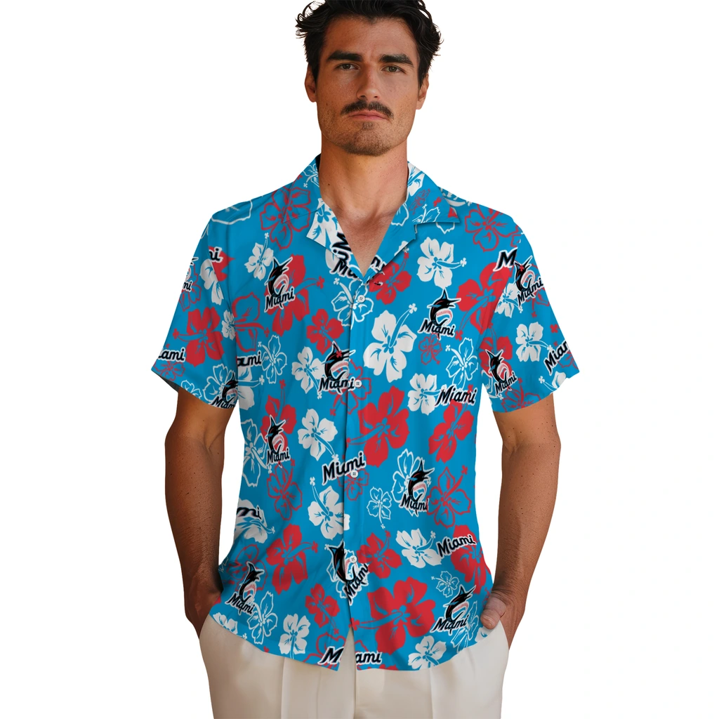 Miami Marlins Hawaiian Shirt - Hibiscus Flower Design miami marlins hibiscus bloom blue hawaiian shirts fashion forward