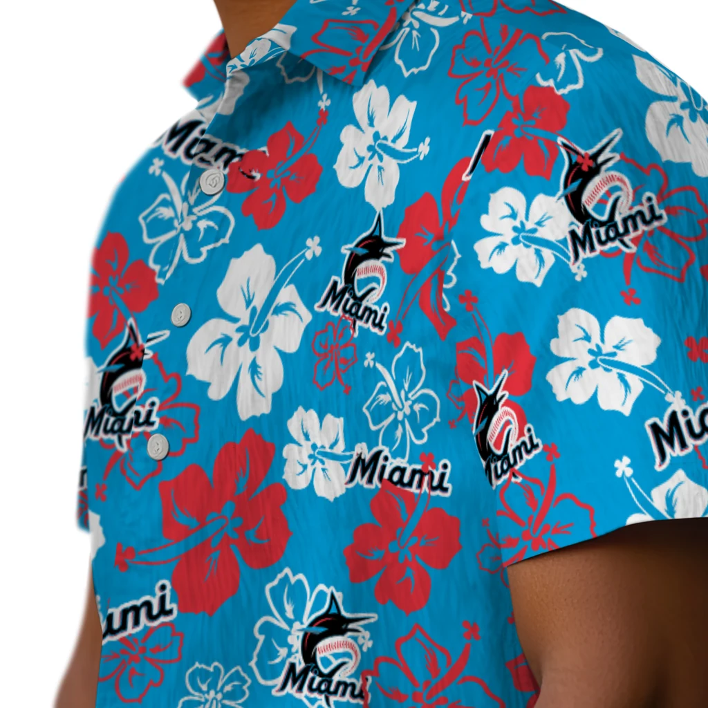 Miami Marlins Hawaiian Shirt - Hibiscus Flower Design miami marlins hibiscus bloom blue hawaiian shirts trendy