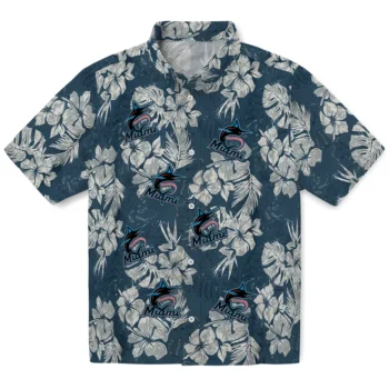 miami marlins hibiscus flowers navy blue hawaiian shirts best selling