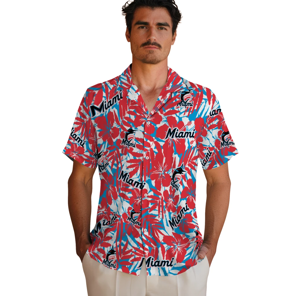 Miami Marlins Hawaiian Shirt - Hibiscus Overlay miami marlins hibiscus overlay hawaiian shirts fashion forward