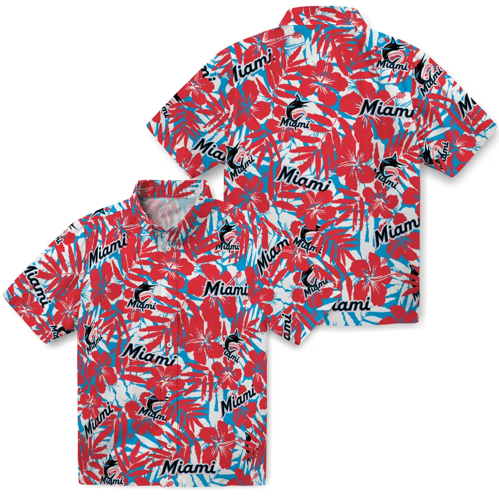 Miami Marlins Hawaiian Shirt - Hibiscus Overlay miami marlins hibiscus overlay hawaiian shirts high quality