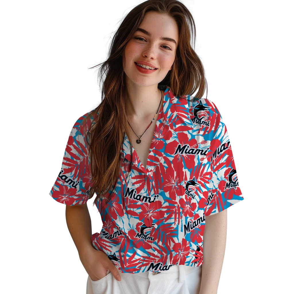 Miami Marlins Hawaiian Shirt - Hibiscus Overlay miami marlins hibiscus overlay hawaiian shirts latest model