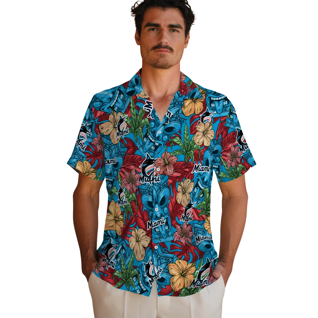 Miami Marlins Hawaiian Shirt - Hibiscus Tiki Jungle miami marlins tiki jungle blue hawaiian shirts fashion forward