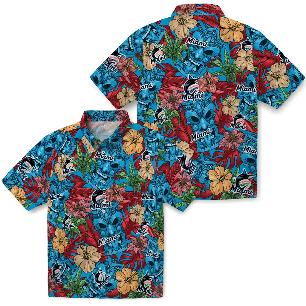 Miami Marlins Hawaiian Shirt - Hibiscus Tiki Jungle miami marlins tiki jungle blue hawaiian shirts high quality