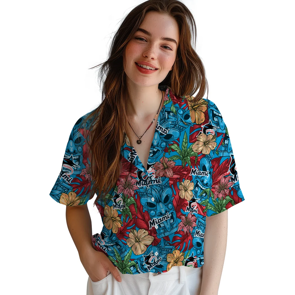 Miami Marlins Hawaiian Shirt - Hibiscus Tiki Jungle miami marlins tiki jungle blue hawaiian shirts latest model
