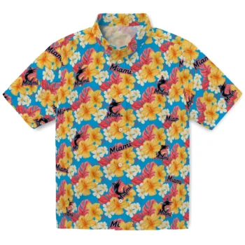 miami marlins hibiscus tropics blue yellow hawaiian shirts best selling