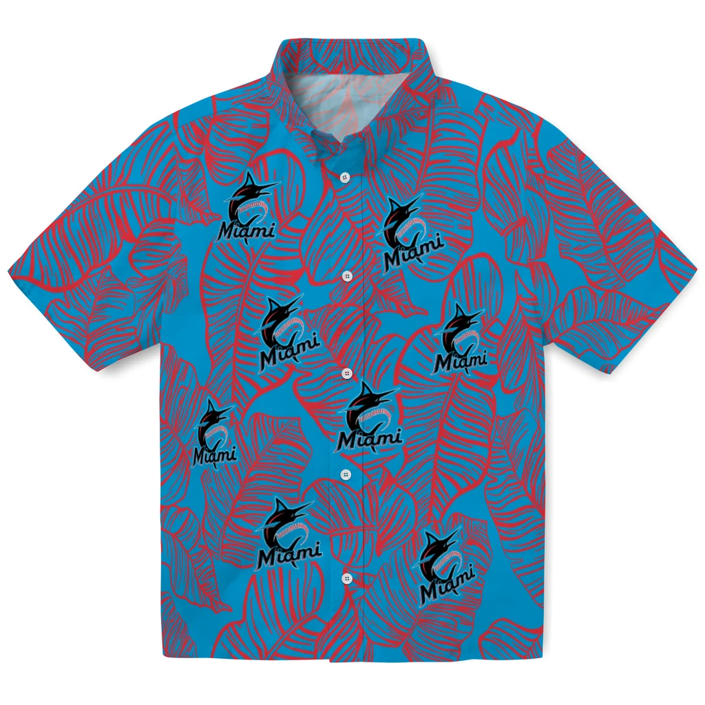 Miami Marlins Hawaiian Shirt - Leaf Outline miami marlins leaf outline blue hawaiian shirts best selling