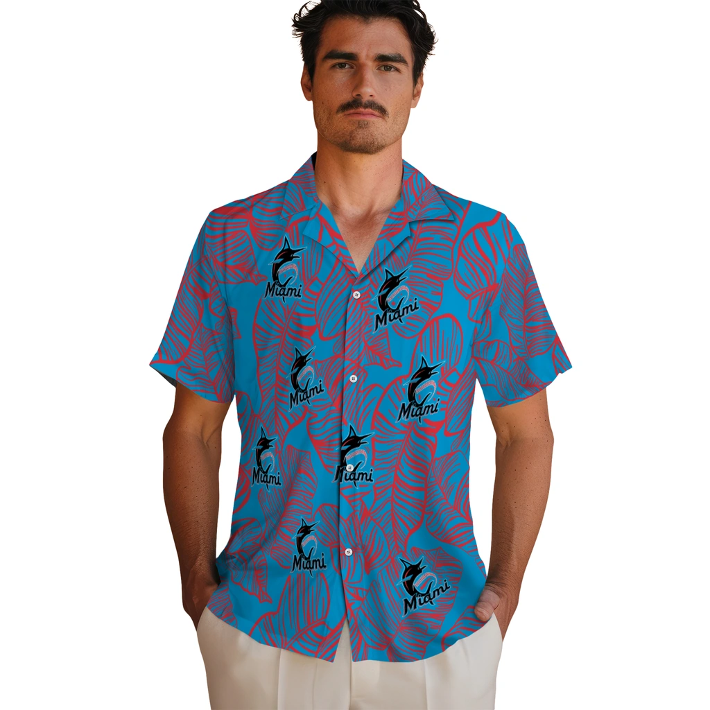 Miami Marlins Hawaiian Shirt - Leaf Outline miami marlins leaf outline blue hawaiian shirts fashion forward