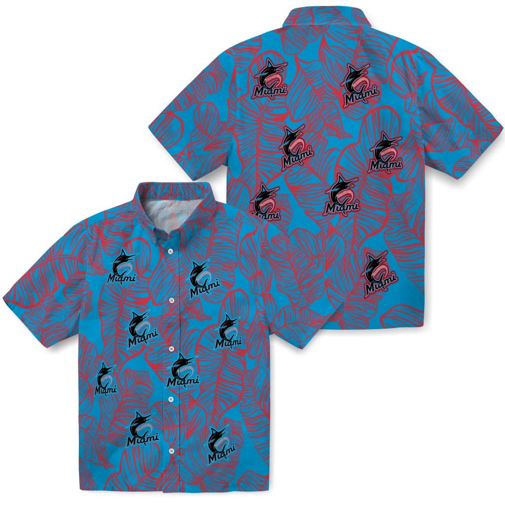 Miami Marlins Hawaiian Shirt - Leaf Outline miami marlins leaf outline blue hawaiian shirts high quality