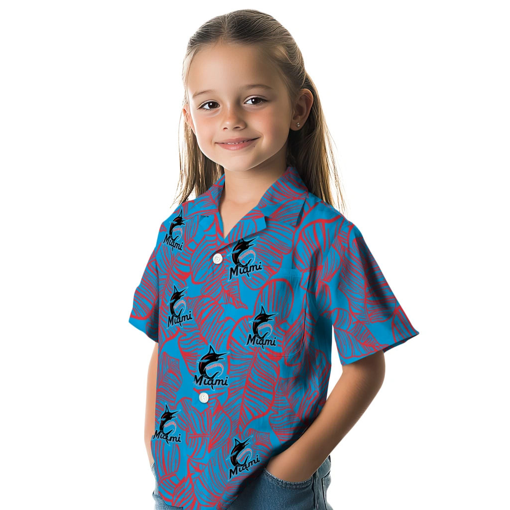 Miami Marlins Hawaiian Shirt - Leaf Outline miami marlins leaf outline blue hawaiian shirts premium grade