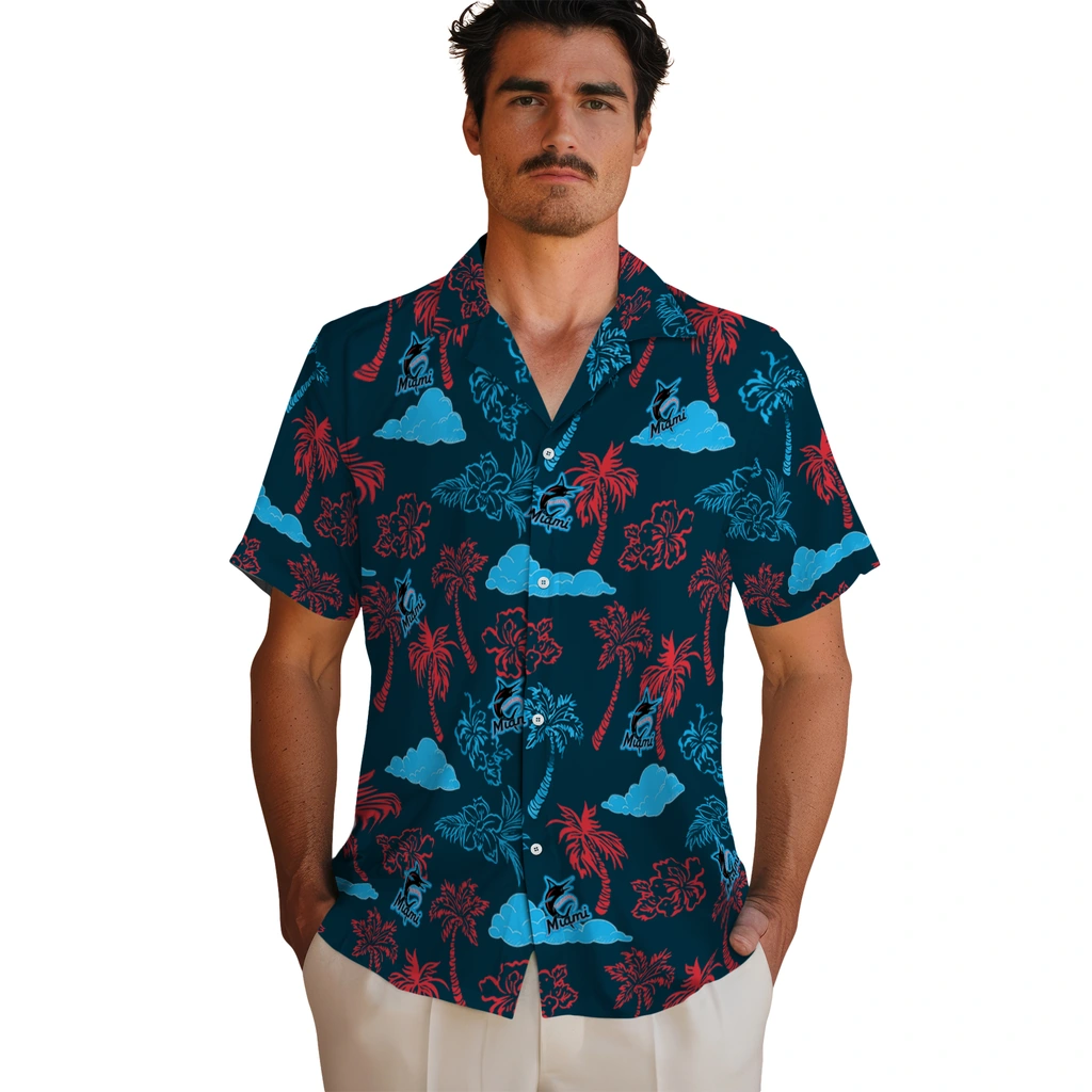 Miami Marlins Hawaiian Shirt - Palm And Clouds miami marlins palm and clouds blue hawaiian shirts fashion forward