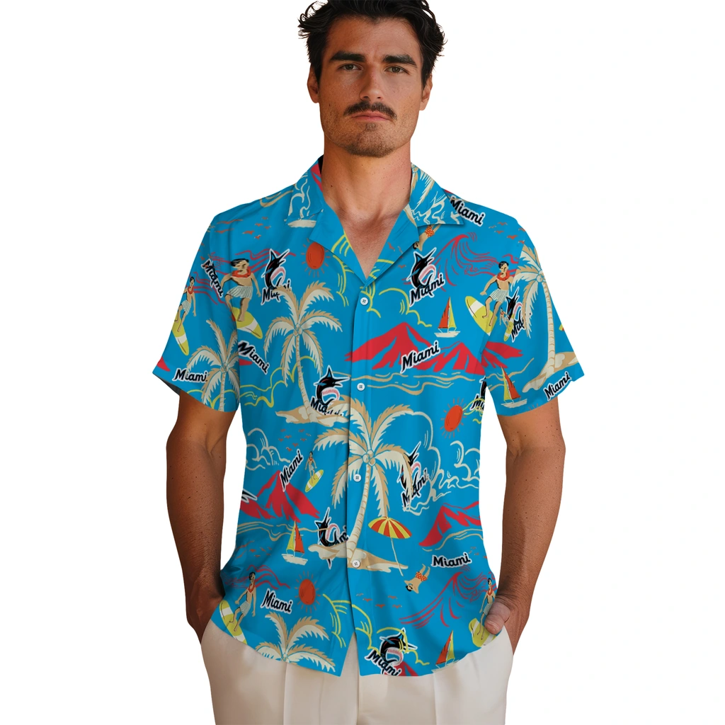 Miami Marlins Hawaiian Shirt - Palm Tree Island miami marlins palm tree island blue hawaiian shirts fashion forward