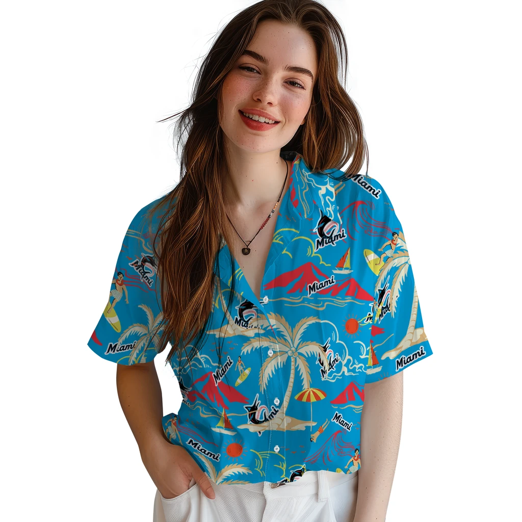 Miami Marlins Hawaiian Shirt - Palm Tree Island miami marlins palm tree island blue hawaiian shirts latest model
