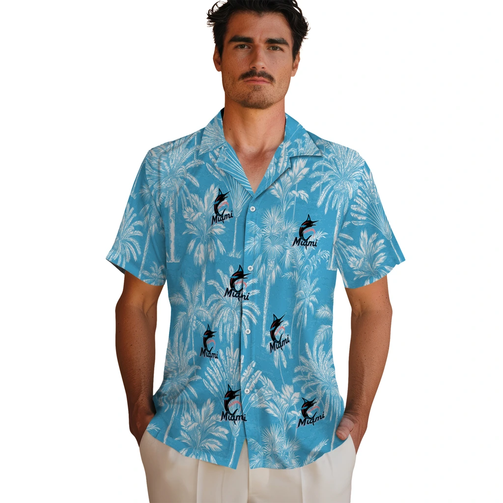 Miami Marlins Hawaiian Shirt - Vintage Palm Tree miami marlins palm shadows blue hawaiian shirts fashion forward
