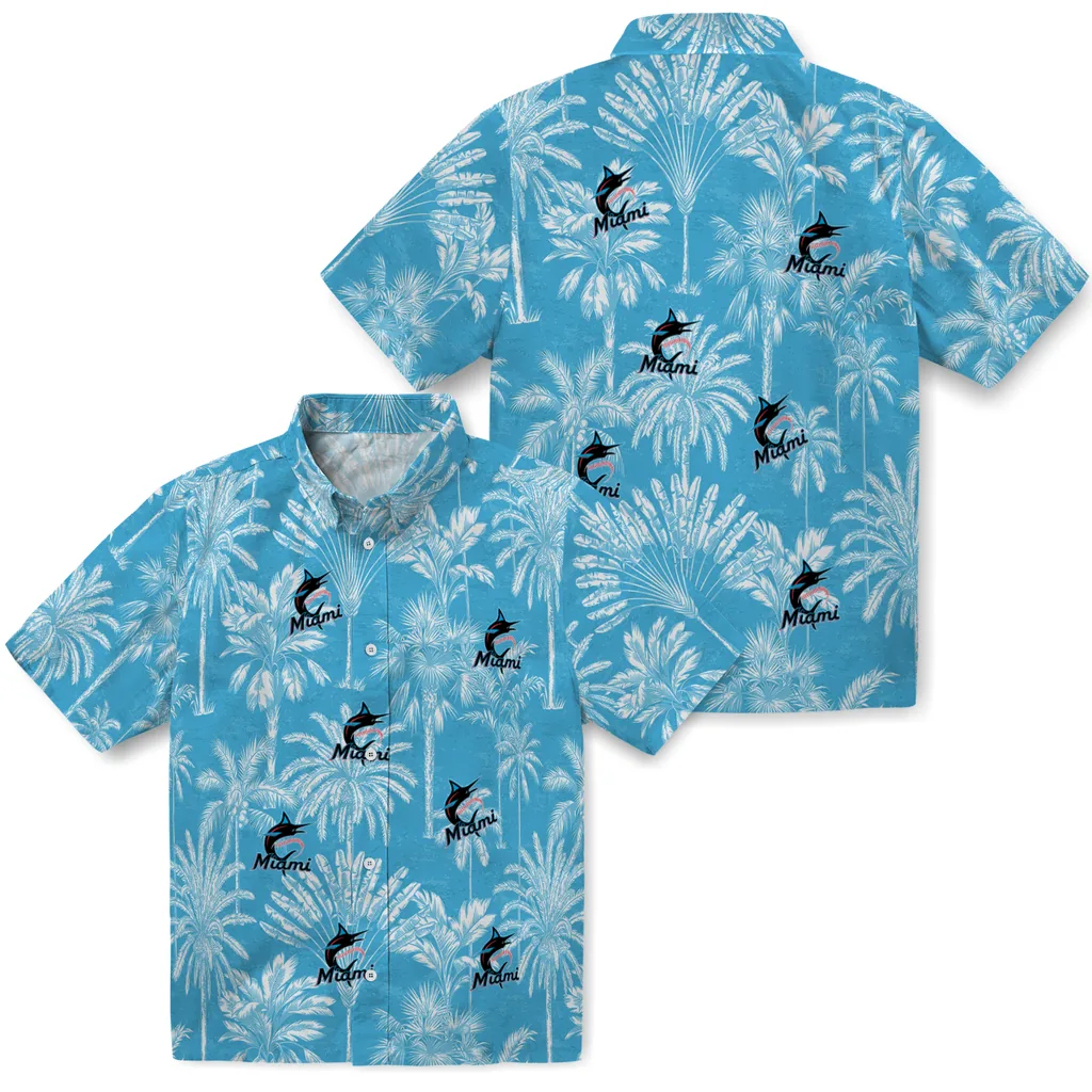 Miami Marlins Hawaiian Shirt - Vintage Palm Tree miami marlins palm shadows blue hawaiian shirts high quality