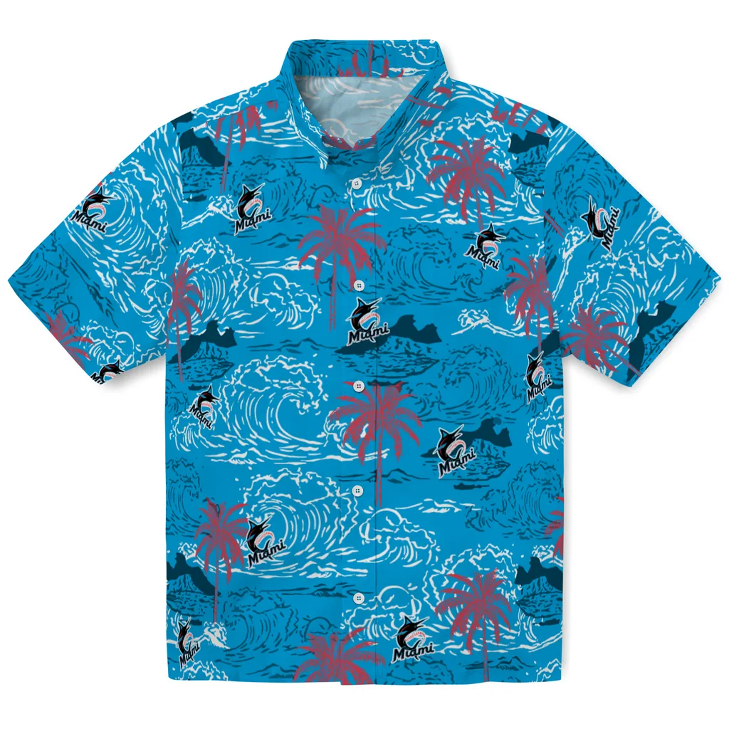 Miami Marlins Hawaiian Shirt - Wave Palm miami marlins wave palm blue hawaiian shirts best selling