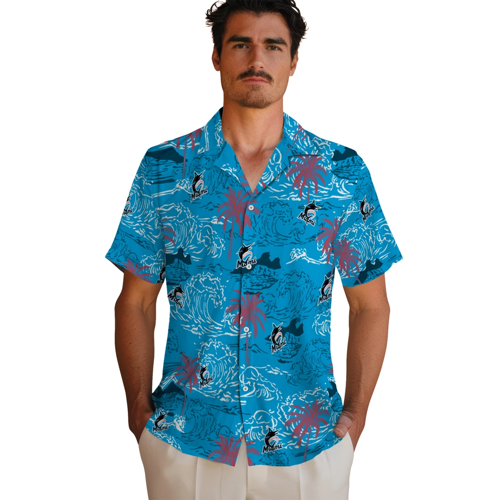 Miami Marlins Hawaiian Shirt - Wave Palm miami marlins wave palm blue hawaiian shirts fashion forward