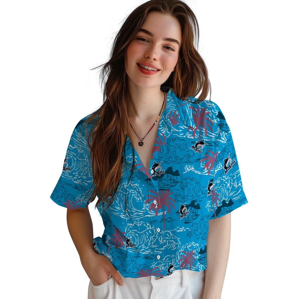 Miami Marlins Hawaiian Shirt - Wave Palm miami marlins wave palm blue hawaiian shirts latest model