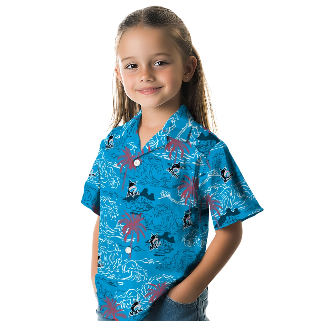 Miami Marlins Hawaiian Shirt - Wave Palm miami marlins wave palm blue hawaiian shirts premium grade
