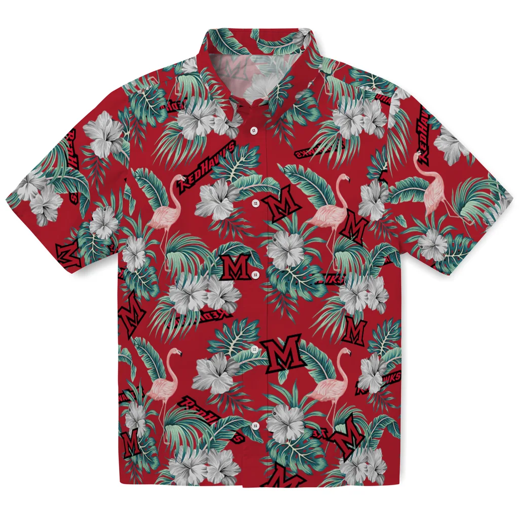 Miami RedHawks Hawaiian Shirt - Flamingo and Hibiscus miami redhawks flamingo palms red hawaiian shirts best selling
