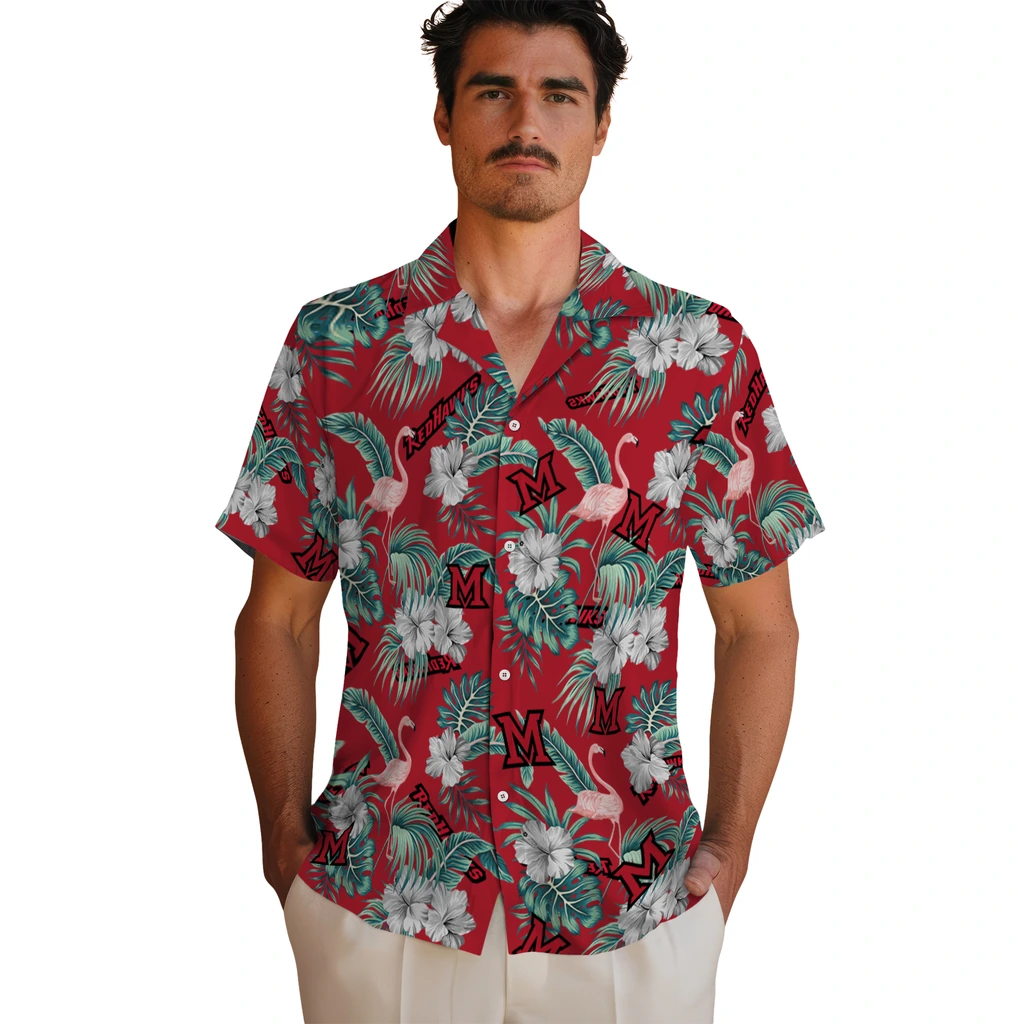 Miami RedHawks Hawaiian Shirt - Flamingo and Hibiscus miami redhawks flamingo palms red hawaiian shirts fashion forward