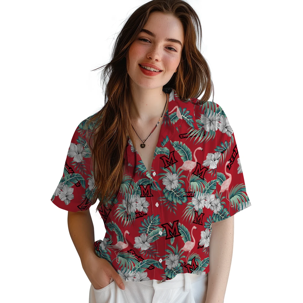 Miami RedHawks Hawaiian Shirt - Flamingo and Hibiscus miami redhawks flamingo palms red hawaiian shirts latest model