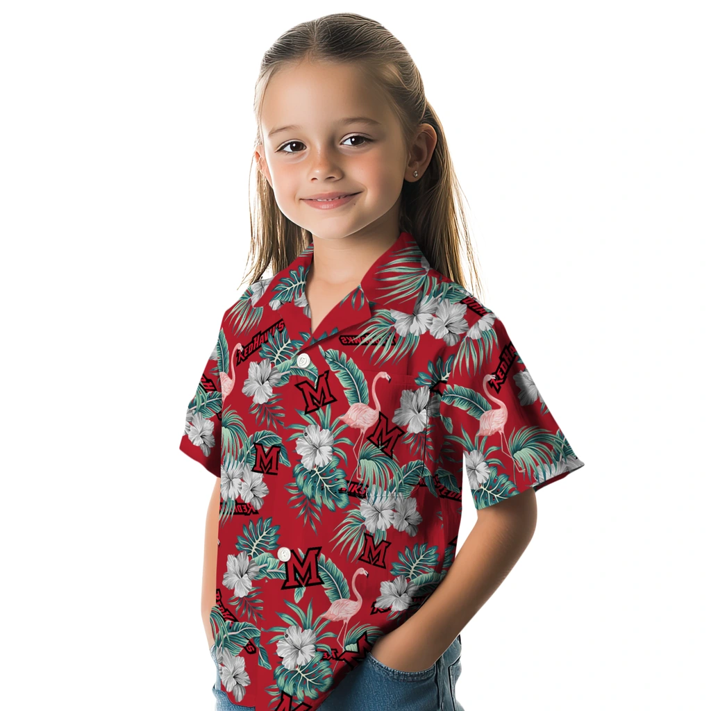 Miami RedHawks Hawaiian Shirt - Flamingo and Hibiscus miami redhawks flamingo palms red hawaiian shirts premium grade